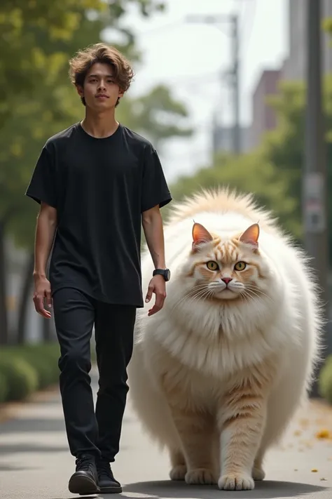 A young man dressed in black casual and walking along with a very giant angora cat walks together