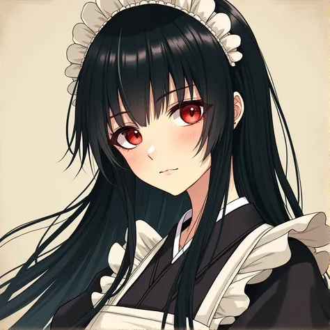 Draw a female 1girl, High Resolution, Breasts, Blush, Red Eyes, Closed Mouth, Dutch Angle, Maid Headdress, Multiple Views, Black Hair, Simple background, Ukiyo-e, 