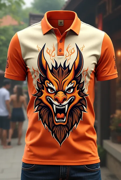 Generate several polo designs with the following colors, coppery orange and white with the name Fedebar &grill, with the logo of the face of Barong Bali and that is related to barbecuing and fire