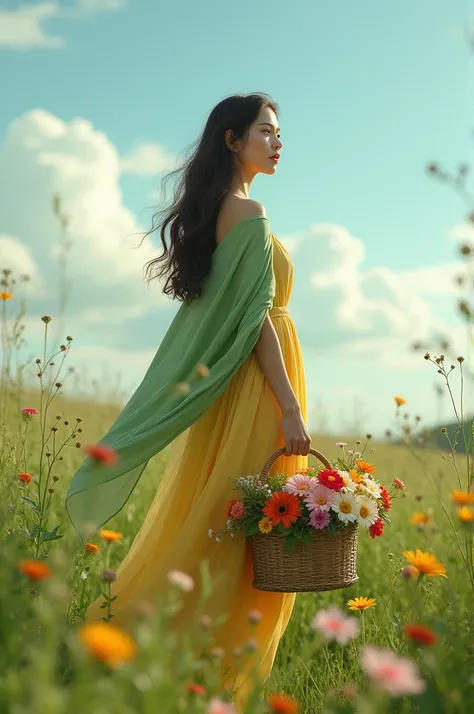 The image shows a young woman standing in a field of tall grass and wildflowers. She is wearing a long, flowing yellow dress with a green shawl draped over her shoulders. She has long dark hair that is styled in loose waves and is holding a basket full of ...