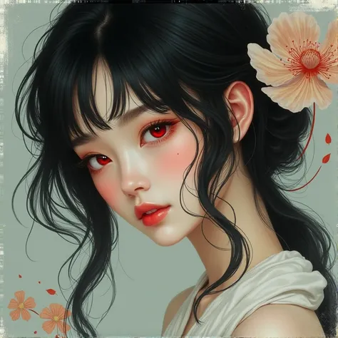 Draw a female 1girl, High Resolution, Breasts, Blush, Red Eyes, Closed Mouth, Dutch Angle, Multiple Views, Black Hair, Simple background, Ukiyo-e, 