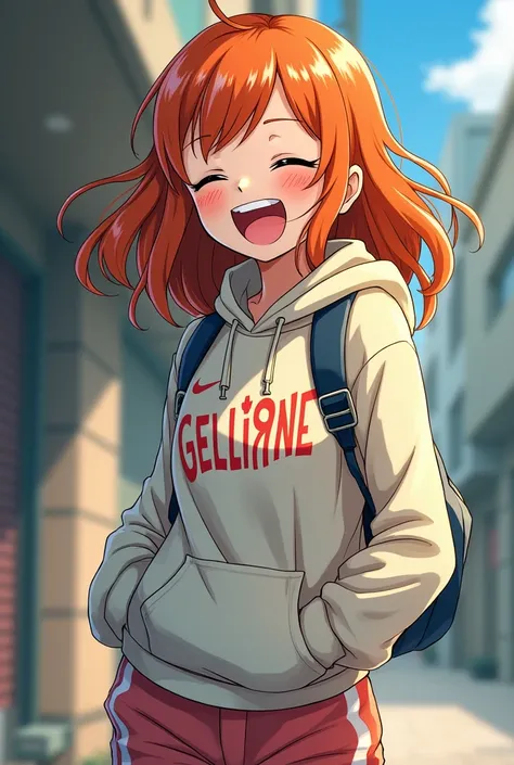 nami wearing a hoodie with the name gelliane stamped on it while laughing and wearing nike shoes