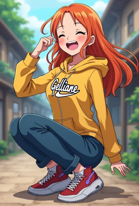 nami wearing a hoodie with the name gelliane stamped on it while laughing and wearing nike shoes