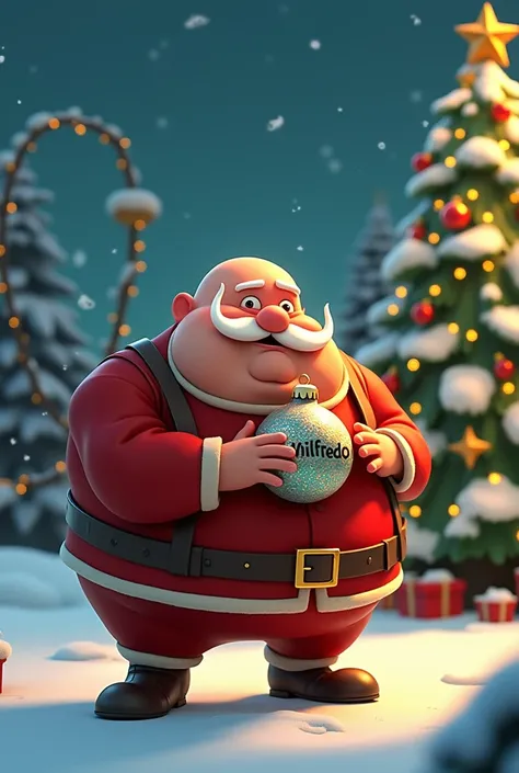 Animated Christmas image of a chubby man without hair but with a white mustache carrying a Christmas sphere that says Wilfredo with a Christmas tree in the background