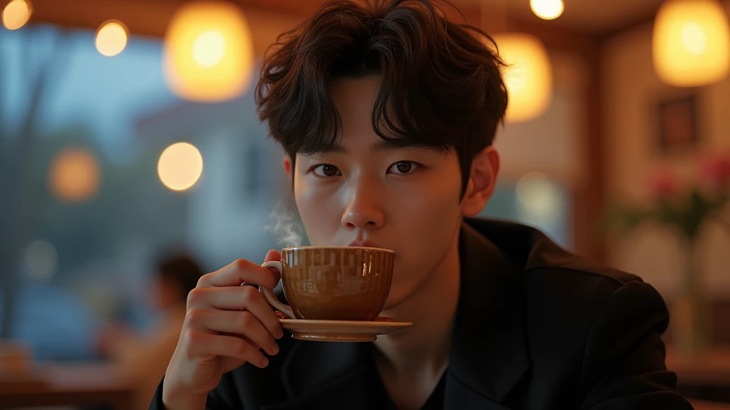 Korean teen guy very handsome, proportional face shape, beautiful nose, beautiful eyes, beautiful mouth, beautiful eyebrows, sitting alone in a cafe in the evening