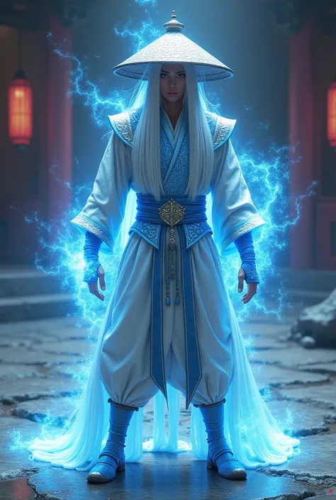 Create Mortal Kombat style an Asian man with long straight white hair with white eyes wearing a shimmering light blue Raiden-style Asian conical hat wearing a metallic white Rubies Mortal Kombat with light blue details with white Asian pants energized blue...