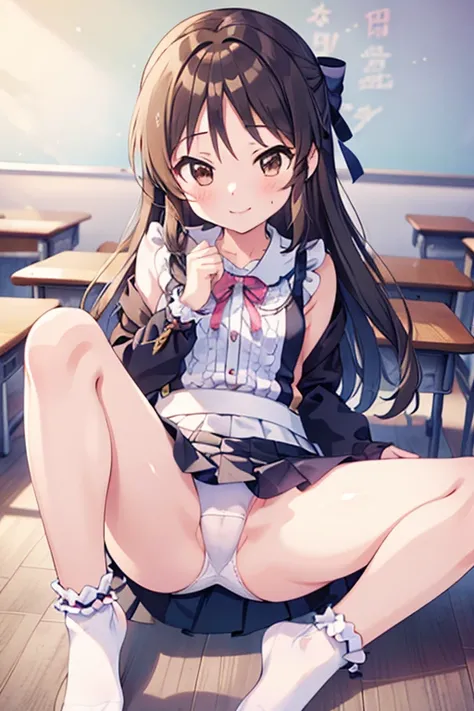  top quality,   Masterpiece ,  super high resolution ,Racing bloomer with beautiful front legs 　Beautiful upper body
　Beautiful lower body　 well-balanced body　arisu tatibana classroom 　椅子に座る　　　smile,  Chuckle amusingly
winter clothes　elementary school clas...