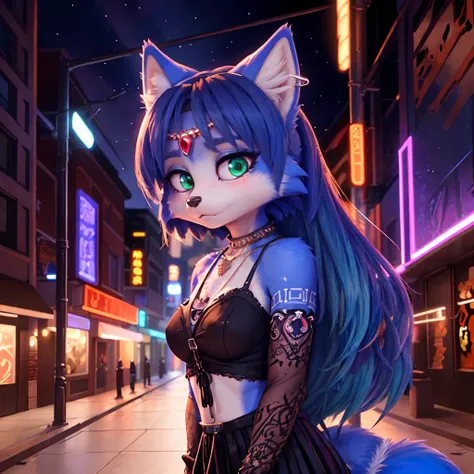 ((krystal)), Star Fox-Krystal, lovable, green eyes, ((( Long blue hair 1 .3))), Decollete, anthro, Fuzzy,  detailed Fluffys fell,  detailed face , (Fluffy),  1 girl, ,woman, Goth, green eyes, undercut, ultra-realistic 8k cg ,  masterpiece, (( ultra-detaile...