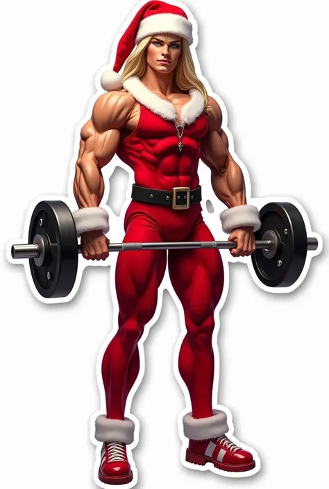 Create an image of a muscular, athletic version of the Barbie doll and her signature blonde hair. He wears the red Santa Claus suit very close so that his big muscles can be seen. The design highlights an extremely defined physique, with prominent muscles ...