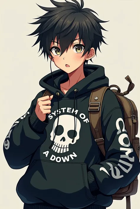  Anime boy with a sweatshirt and a very undegrund attitude,  of a group called Sistem of a Down ,He has a tactical backpack , and earpiece held by the neck , full body .