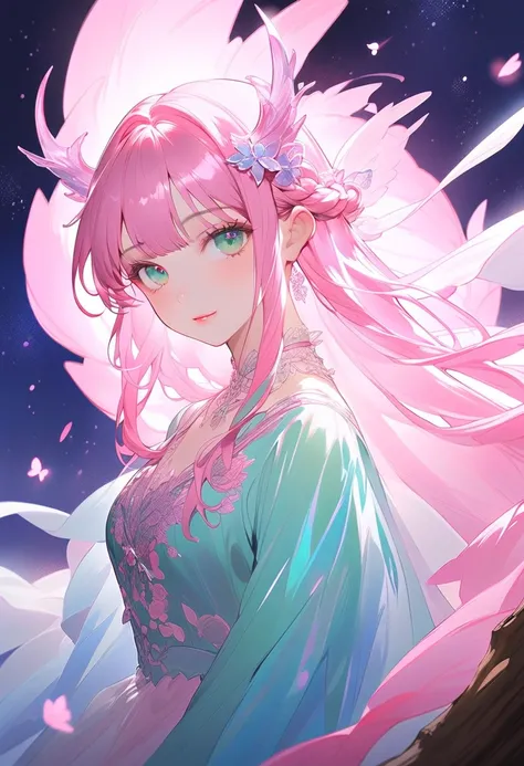 This character is a woman with a magical and graceful aura, her lips are pink, she has long, bright, shiny pink hair, unique light blue, slightly transparent horns resembling a dragon. Sharp shining green eyes, wearing a blue dress with a little white shor...