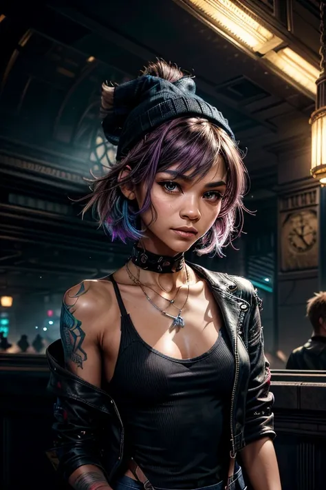 (zendaya), at the the Grand Central Terminal, cinematic, medium shot, whole head in frame, detailed face, detailed eyes, evening, punk aesthetic, pale blue ripped jeans, braces, suspenders, black boots, white shirt, skull, heart, necklace, chain, bullets, ...