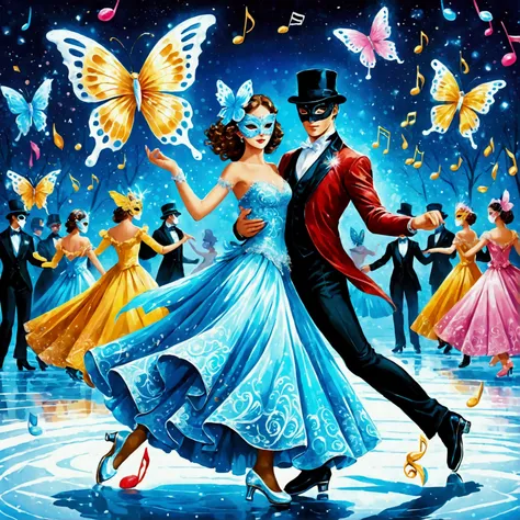 (effect of Musical staves and notes appear flowing on the screen, Lively and colorful music staves and notes flowing). skating rink, A dynamic pose, Dynamic movement, Ballroom of dancing on ice, Masquerade Ball, A masquerade on ice, Many gentlemen and ladi...