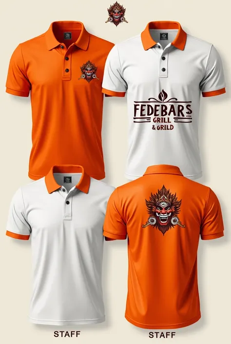 Generate several polo designs with the following colors, coppery orange and white with the name Fedebar &Grill and let me say "staff"  On the back, with the logo of the face of Barong Bali and that is related to barbecuing and fire