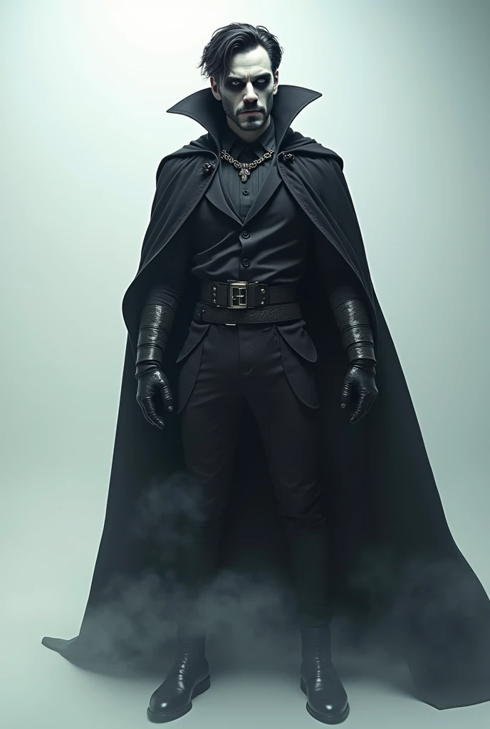 Full body portrait of Doctor Strange from The Avengers with his uniform & cape but in emo gothic version & outlook. skin become pale with dark eye shadow. all clothing color convert into more blackish gothic vibe. dark emo vibe. standing in action fighting...