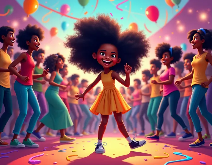 A happy black girl dancing party in a cartoon