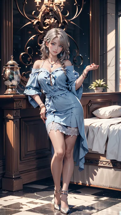 (masterpiece,  top quality:1.2), ( high definition , Abstract:1.1),  super detailed,  1 girl,  cute pose ,  camisole,  off shoulder , Open lips, smile, Hot Punch 、Stiletto heels、 stockings、 Silver Hair、 braids 、blue sky、Marble floor( polished enough to ref...