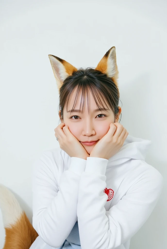 masterpiece, 4K, Bokeh, (Cute:1.5), ( beautiful girl:1.3), ( Japanese idol :1.6), (Fox ears:1.3) , ( white hoodie:1.3),  (I love foxes :1.6),  blushed,  cowboy shot , ( hug a cute sleeping fox :1.5), ( closes the eye:1.3), ( white background  :1.4), 

