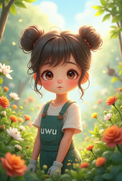 Uwu is a cute and adorable girl, , with her hair tied in two buns on top and bangs, clear hair fibers, a beautiful girl, her pee is bright red, wearing gardening clothes with the words "uwu" written on the front, garden atmosphere