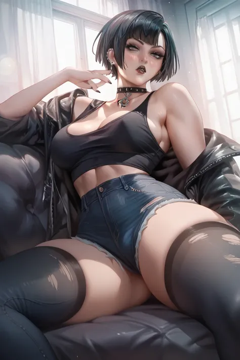 A beautiful goth girl with thick thighs and black short hair, wearing a black tank top and a ripped jeans