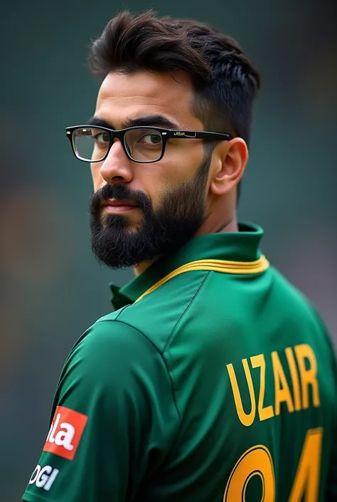 Pakistani cricket player with beard and glasses uzair name and 84 number on the back of his jersey