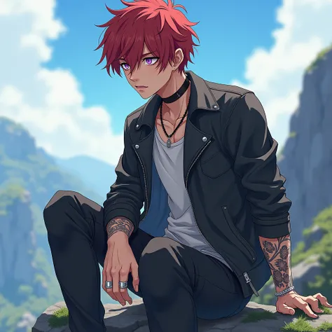 Adult boy, muscular, light skin, short disheveled red hair, tired torn purple eyes , Serious,  scar on the cheek , camisa blanca,  leather jacket,  tattoos on the arms ,  black choker , silver rings ,  sitting on the edge of a mountain range looking at the...