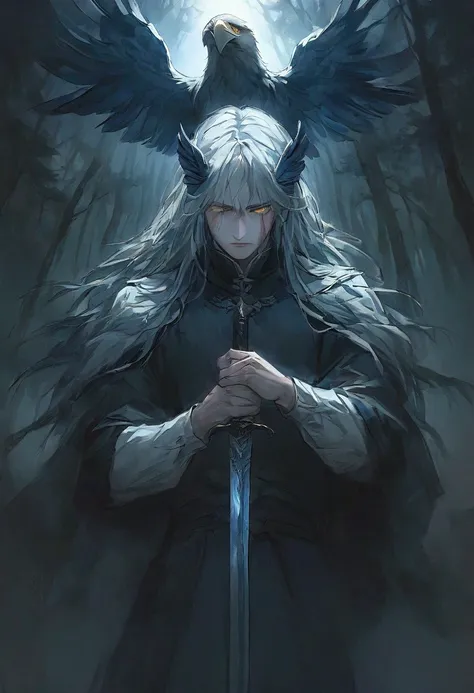 Illustration, top quality, very detailed, dramatic lighting, 1 man, standing, tense pose, holding the dagger firmly, long disheveled hair, cold eyes, yellow eyes, dark forest, eagle skin on the head, cold blue and grey hues, faint light of moonlight shinin...