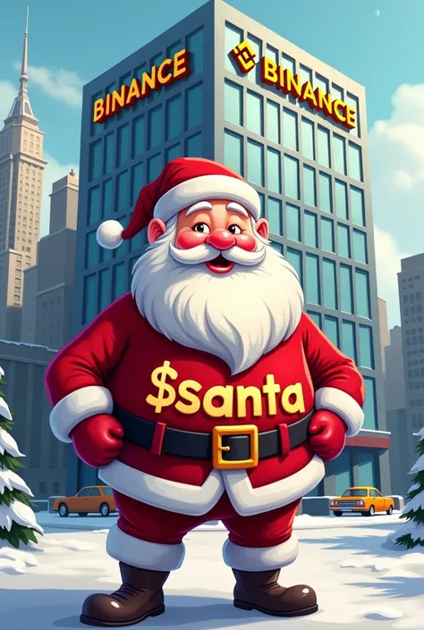 A cartoon image of Santa with the words $SANTA on his shirt in front of the Binance office