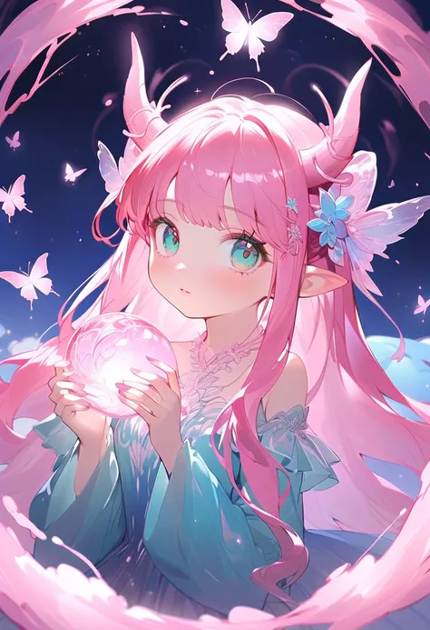 This character is a woman with a magical and graceful aura, her lips are pink, she has long, bright, shiny pink hair, unique light blue, slightly transparent horns resembling a dragon. Sharp shining green eyes, wearing a blue dress with a little white shor...