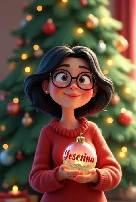 Animated Christmas image of a chubby woman with black hair and glasses carrying a Christmas sphere that says Yesenia with a Christmas tree in the background