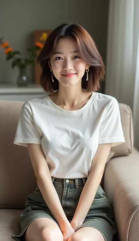 Super cute 22-year-old beautiful Japanese girl 　(((Sit cross-legged on the living room sofa :1.8)))smile((( Perfect fit and stylish fall clothes that make your bust look beautiful　 Stylish Miniskirt :1.6)))　Realistic Women　Real women　photograph　 cute face　...