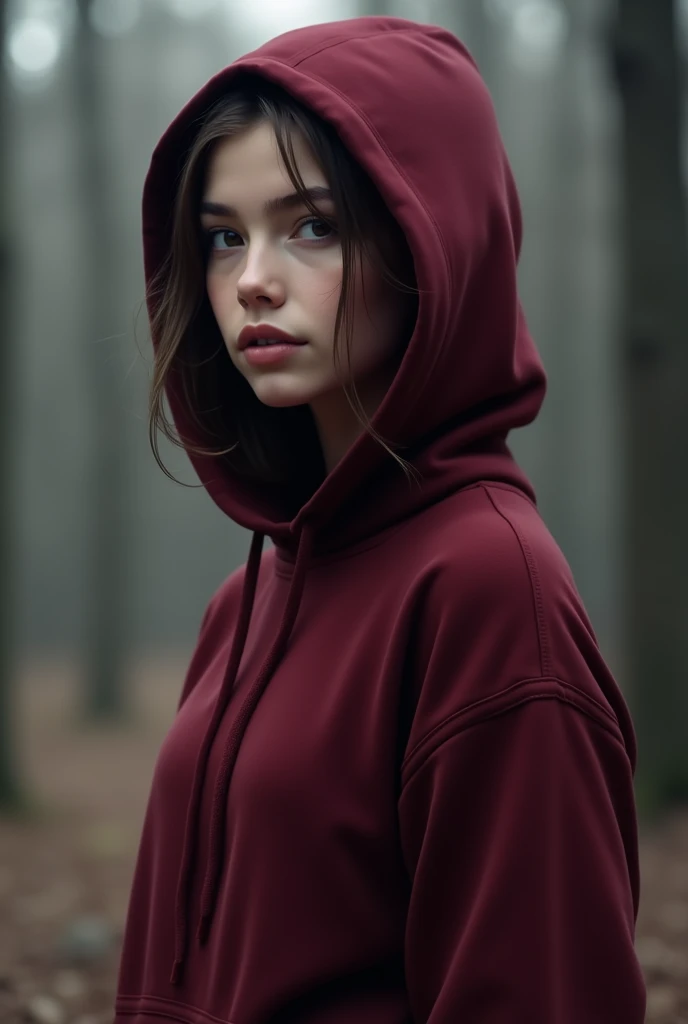 A girl in maroon hudi