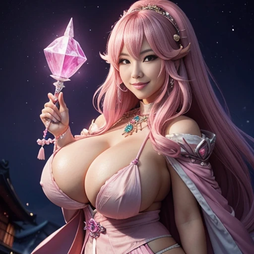 A gorgeous smiling busty japanese milf with long hair, enormous huge gigantic round tits, dressed like a pink/white wizard, holding a crystal wand in a dark eerie tavern