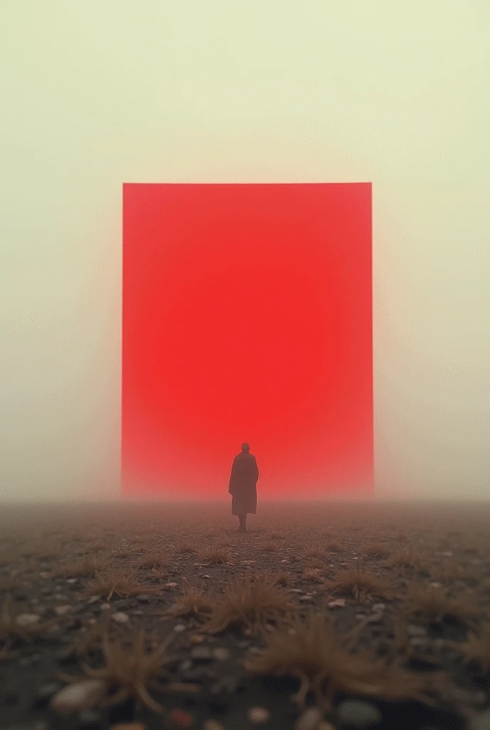 An empty field with one large square in the center of the inscription in red not reality poor quality bad photo all vague interference minimalism surrealism dreamcore