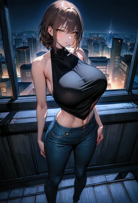 ((Midnight, Best quality, 8k, Masterpiece :1.3)), Whole body, Long legs, Sharp focus :1.2, A pretty woman with perfect figure :1.4, Slender abs :1.1, ((Dark brown hair, Big breasts :1.2)), (black tshirt, Jean bib, Standing:1.2), ((Night city view, Rooftop:...