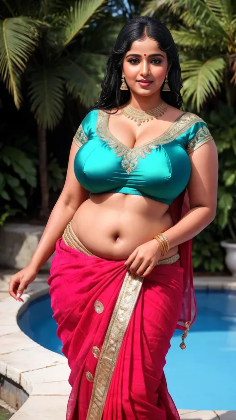  Beautiful cute wet tamanna bhatia, with thick thighs and a curvy waist,  wearing a  beautiful saree, ((lowwaist)), ((wet silky hair)), ((wet hair)), ((loose wet hair)), (( beautiful Indian dress)) , bindi on forehead, highly detailed, depth of field, cine...