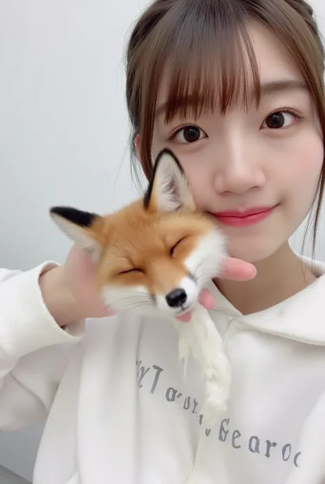 masterpiece, 4K, Bokeh, (Cute:1.5), ( beautiful girl:1.3), ( Japanese idol :1.6), (Fox ears:1.3) , ( white hoodie:1.3),  (I love foxes :1.6),  blushed,  cowboy shot , ( hug a cute sleeping fox :1.5), ( closes the eye:1.3), ( white background  :1.4), 
