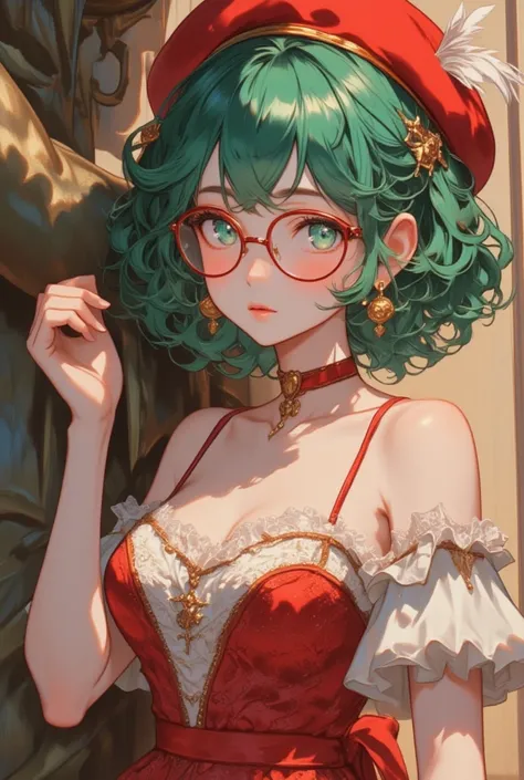 (masterpiece), best quality, perfect face, expressive eyes, (older female, onee-sama, in her 20s), white skin, very tall, thin, (short sea green hair:1.3, curly hair, curly bangs), thin eyebrows, sea green eyes, kissable lips, puckered lips, mouth slightly...