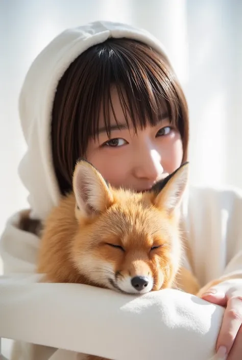 masterpiece, 4K, Bokeh, (Cute:1.5), ( beautiful girl:1.3), ( Japanese idol :1.6), (Fox ears:1.3) , ( white hoodie:1.3),  (I love foxes :1.6),  blushed,  cowboy shot , ( hug a cute sleeping fox :1.5), ( closes the eye:1.3), ( white background  :1.4), 
