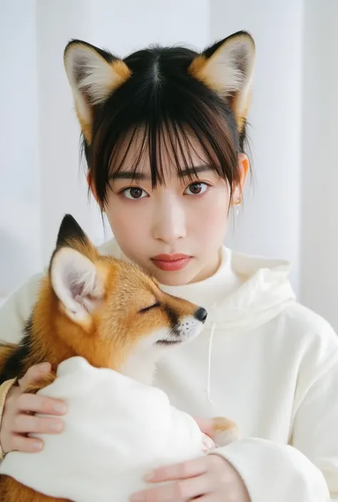 masterpiece, 4K, Bokeh, (Cute:1.5), ( beautiful girl:1.3), ( Japanese idol :1.6), (Fox ears:1.3) , ( white hoodie:1.3),  (I love foxes :1.6),  blushed,  cowboy shot , ( hug a cute sleeping fox :1.5), ( closes the eye:1.3), ( white background  :1.4), 
