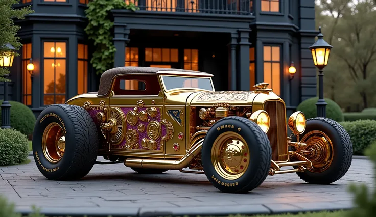 HOTROD STEAMPUNK VERSION,  filled with golden props , bronze and brass ,  on the doors surface made with Ruby gemstone and amethyst,  on the sidewalk of a steampunk mansion , all black, glasses and pieces in gold , washers,  lanterns and lighting poles ,  ...