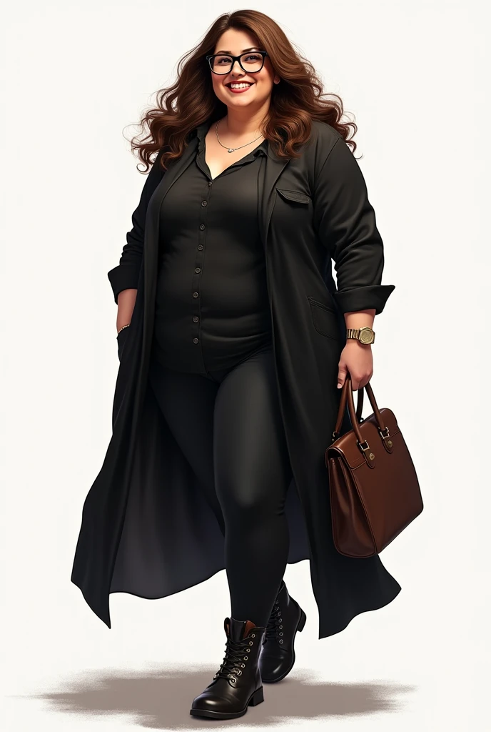 Picture of fat woman ,  brown wavelength hair,  wearing glasses ,  wearing long black shirt , boots and carrying a bag 