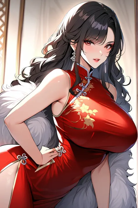 1girl,large breasts,shiny skin,fashi-g,mature female,china dress, red dress,wavy hair,fur trim,black hair,(masterpiece:1.5),(best quality:1.2), 