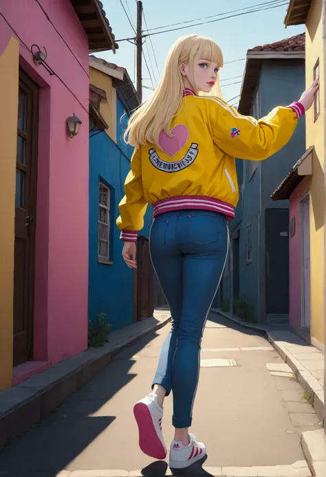 A young woman with pale skin, blue eyes, long straight blonde hair styled in bangs, Rosy lips. She wears a yellow and white Varsity jacket which has a Happy Face patch, a fuchsia t-shirt underneath, blue jeans, and white Adidas sneakers with pink stripes. ...