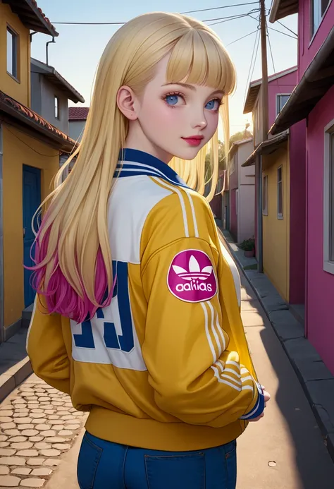 A young woman with pale skin, blue eyes, long straight blonde hair styled in bangs, Rosy lips. She wears a yellow and white Varsity jacket which has a Happy Face patch, a fuchsia t-shirt underneath, blue jeans, and white Adidas sneakers with pink stripes. ...