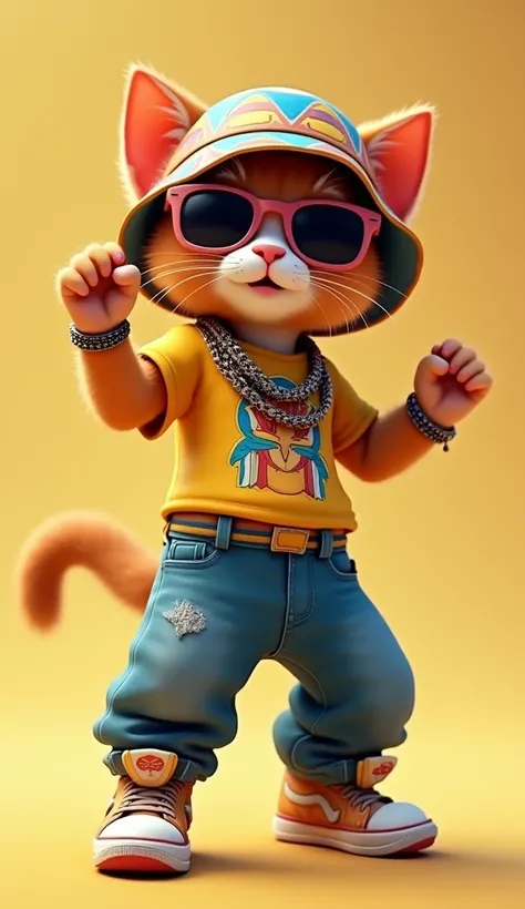 An animated kitten is dancing energetically to the Prince of Egypt emote from Fortnite, smoothly mimicking the dance moves. The kitten is dressed in stylish male Y2K fashion, wearing oversized jeans, a colorful retro graphic tee, a bucket hat, and chunky s...