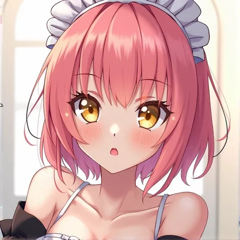 High Resolution, Anatomically Correct, Super Detailed, short pink hair, Breasts, Yellow Eyes, Simple background, Maid Headdress, mature Anime Style, 