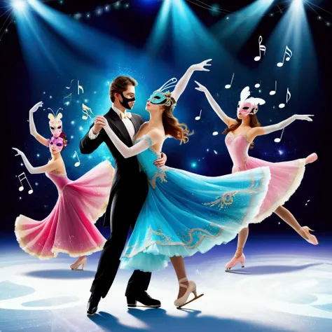 (effect of Musical staves and notes appear flowing on the screen, Lively and colorful music staves and notes flowing). skating rink, A dynamic pose, Dynamic movement, Ballroom of dancing on ice, Masquerade Ball, A masquerade on ice, Many gentlemen and ladi...