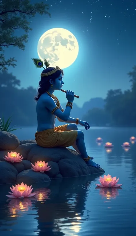 Krishna on a Moonlit Night
"Lord Krishna sitting on a rock near a calm, moonlit lake, surrounded by glowing lotus flowers. His blue skin reflects the silvery light of the full moon, and his peacock feather crown shimmers faintly in the soft glow. He holds ...