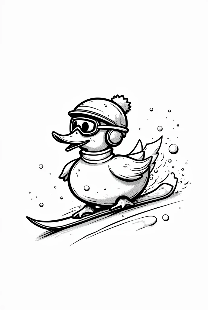 White background, Using only black lines , "Powduck" letter calligraphy, Calligraphy associated with “duck , Snowboarding, helmet, goggles, eye,  snow field”, Cutely